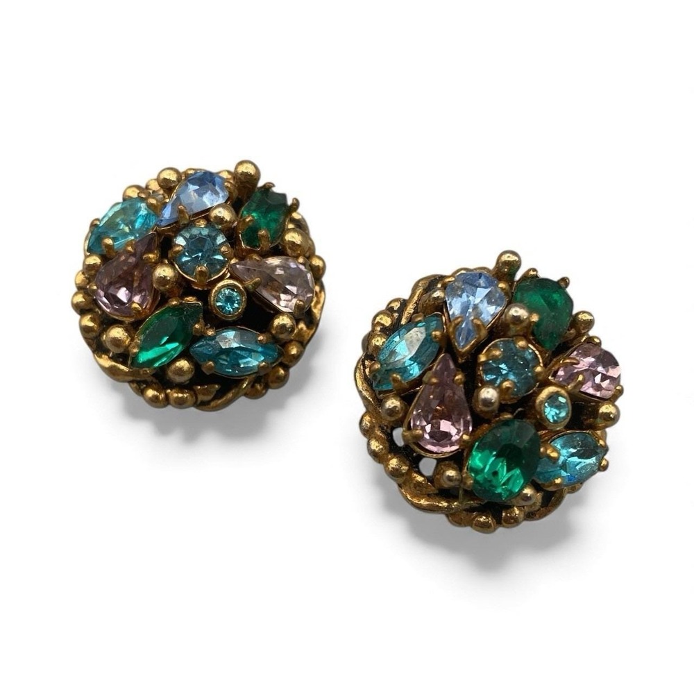 Vintage Barclay Rhinestone Clip On Earrings Prong Set Blue Green Purple Braided